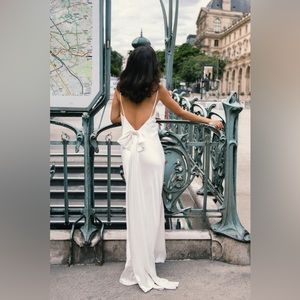 Kailey Low Back Maxi Dress With Detachable Bow Train - White